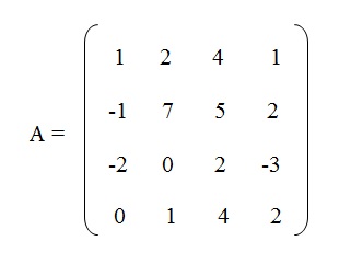 na primeira linha temos os elementos 1, 2, 4 e 1, na segunda linha temos os elementos menos 1, 7, 5 e 2, na terceira linha
          temos os elementos menos 2, 0, 2 e menos 3 e na quarta linha temos os elementos 0, 1, 4 e 2.