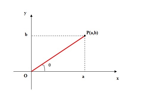 na figura temos o plano de Argand-Gauss com o eixo y imaginário, o eixo x real e o ponto P com as coordenadas a e b. 